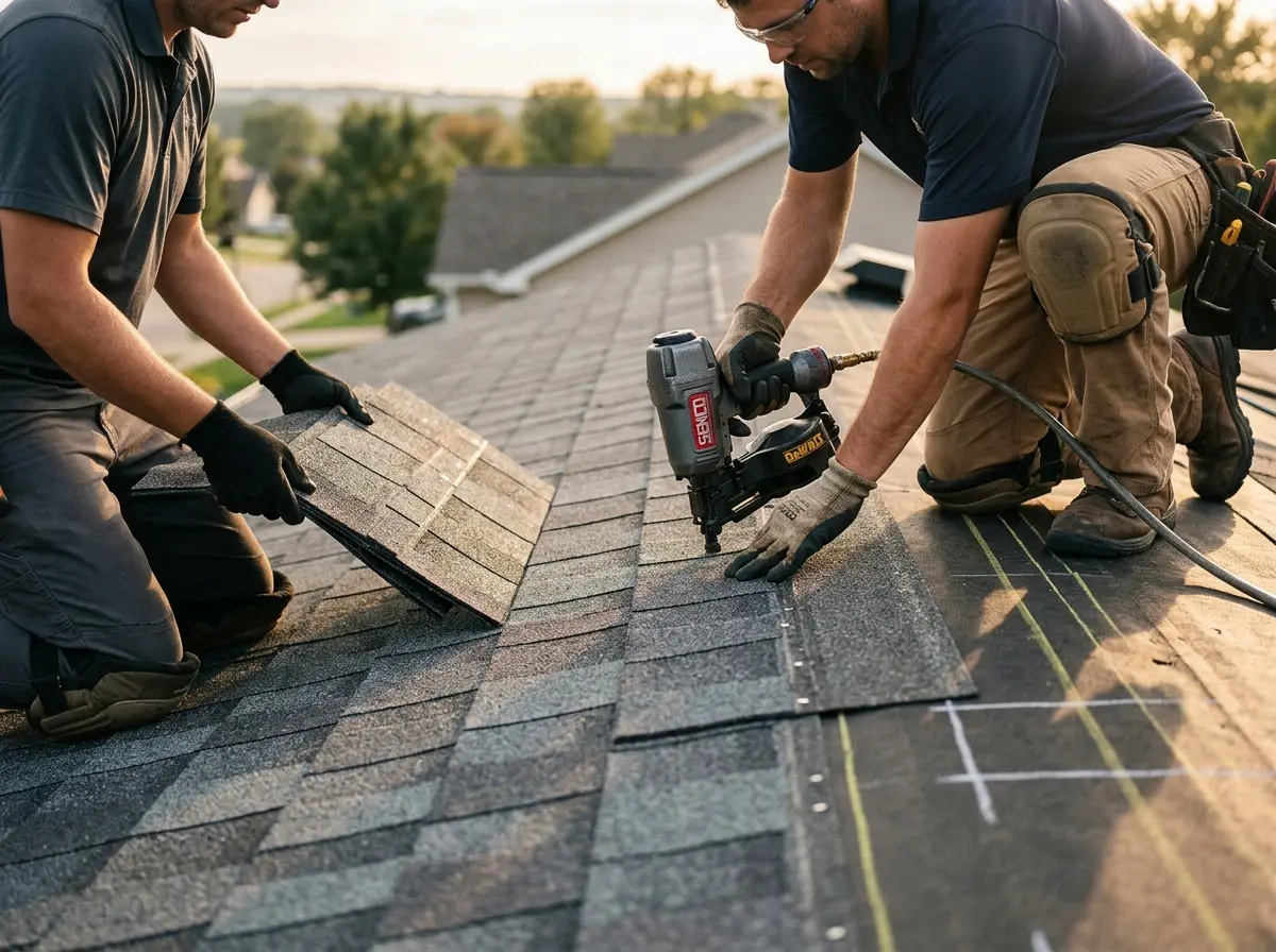 Professional roofer working on a residential roof in Whitehall